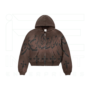 Ensemble de survêtement streetwear marron pour homme, comprenant un sweat à capuche zippé intégral en coton à imprimé croisé coupe ample et un pantalon évasé vintage - Product Image 3