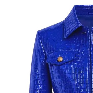 Blue <b>Leather</b> Cropped <b>Blazer</b> With Croco Embossed Texture Full Sleeve Turn-down Collar Single Breasted Women's <b>Jacket</b> - Product Image 4