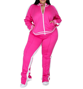 Ensemble de survêtement décontracté deux pièces pour femme grande taille, à capuche, imprimé, écoresponsable, à manches longues, zippé, rayé et ajouré, automne-hiver - Product Image 4