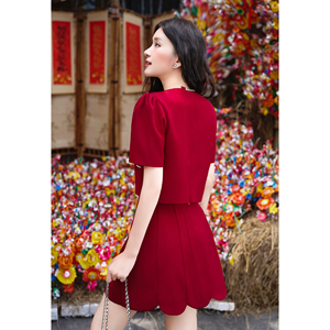 Women's <b>Red</b> A-Line <b>Mini</b> <b>Skirt</b> With Scalloped Hem Elastic Waist Sweet Style Solid Color Woven Fabric THETIS - Product Image 4