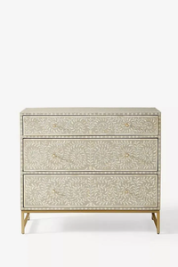 Modern Bone Inlay White Floral Pattern 3 Drawer <b>Chest</b> With Gold Base Bedroom <b>Storage</b> Cabinet - Product Image 4