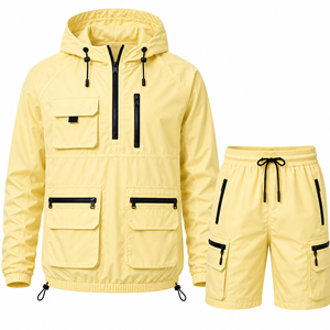 Men's Yellow Hooded Quarter-Zip Fleece Jacket Shorts <b>Set</b> Solid Color Quick Dry Polyester Streetwear Casual Winter Outwear - Product Image 2