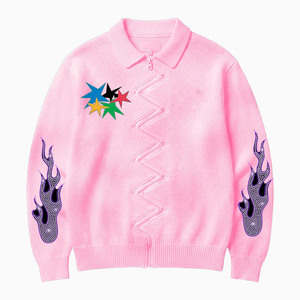 High Quality 320 GSM Soft Cotton Knit Long Sleeve T <b>Shirt</b> Pink Zipper Style <b>Flame</b> Sleeve Design Custom Logo100% cotton T-<b>shirt</b> - Product Image 1