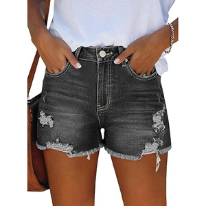 Shorts de mezclilla rasgados de cintura alta para mujer, ecológicos, de secado rápido, grises, elásticos, desgastados, con dobladillo enrollado, estilo vintage, con bolsillos - Product Image 1