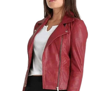 Veste moto en cuir PU rouge pour femme, manches longues, fermeture éclair, col montant, couleur unie, style automne - Product Image 2