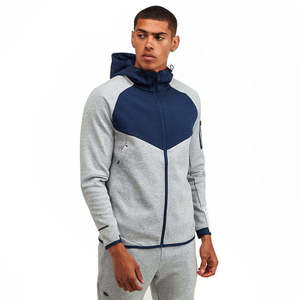 Pantalon de survêtement sport gris uni pour homme avec empiècements latéraux bleus, taille élastique, longueur cheville, respirant, en polyester et coton, coupe ajustée - Product Image 3