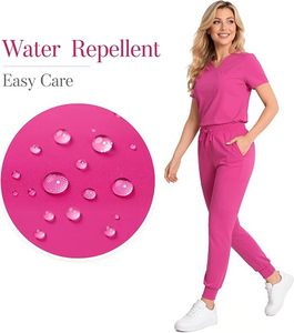 Ensemble de blouses roses pour femmes, manches courtes, col en V, tricoté, spandex, polyester, extensible dans les quatre sens, uniforme d'hôpital pour les professionnels de la santé - Product Image 4