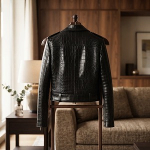 Veste moto en cuir véritable noir gaufré crocodile pour femme, manches longues, col rabattu, automne, longueur normale, fermeture éclair - Product Image 4