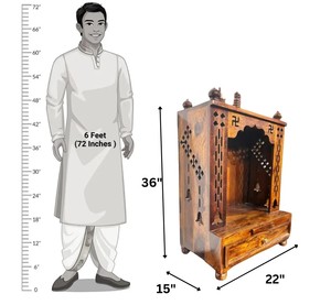 Chapelle de prière traditionnelle en bois avec sculpture de swastika |   Pooja Ghar de table avec plateau coulissant |   Vente en gros B2B Inde - Product Image 4