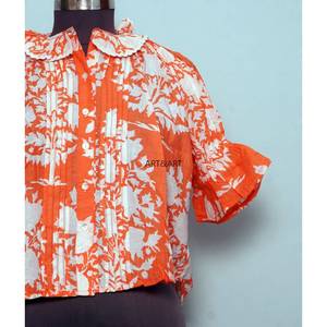 Top Vintage Indian Style Sweet Floral Print 100% Cotton Washable Casual Feminine Touch Frilled O-Neck Regular Half Sleeve <b>Tunic</b> - Product Image 2