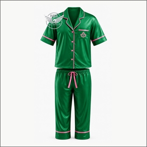 Aka Green pink Satin Women's Pajama Set Short Sleeve Button Front <b>Elastic</b> Waist Loose Fit Casual Wear with Pink Trim and Logo - Product Image 1