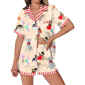 Conjunto de pijama de manga corta con cuello en V para mujer, pantalones cortos estampados, cintura con cordón, ajuste holgado - Product Image 1