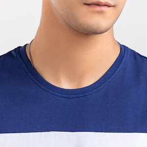 <b>Men</b> Color Blocked T-Shirt Short Sleeve O-Neck Regular Fit Casual <b>Blue</b> White Knitted Cotton Tee - Product Image 6