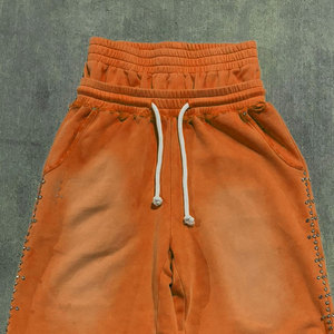 Men's Orange Ripped Sweat Shorts Elastic Waist <b>Drawstring</b> Casual Summer Cotton Joggers Distressed Studded Detail - Product Image 2