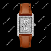 Montre rectangulaire de luxe à quartz analogique sertie de diamants avec bracelet en cuir marron, montre tendance pour un style moderne