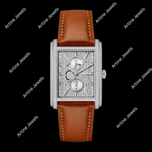Montre rectangulaire de luxe sertie de diamants avec bracelet en cuir marron, un élément d'élégance pour un style moderne - Product Image 2