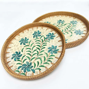 Plateau de rangement multifonction en rotin léger, finition polie, incrustation mosaïque, plateau de service décoratif moderne, petit format pour table - Product Image 6