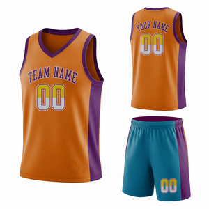Conjunto de Uniforme de Baloncesto Sublimado Personalizado, Color Verde Azulado y Naranja, Cuello en V, Sin Mangas, Malla Transpirable, Ecológico, que Absorbe la Humedad - Product Image 5