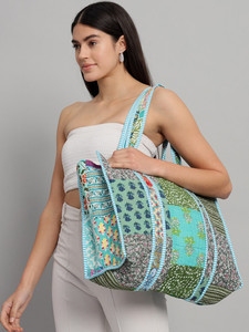 Handmade Vintage Large Tote Handbag Quilted <b>Patchwork</b> Indian Cotton Washable Grocery <b>Bag</b> Printed Design for Women's Daily Use - Product Image 4