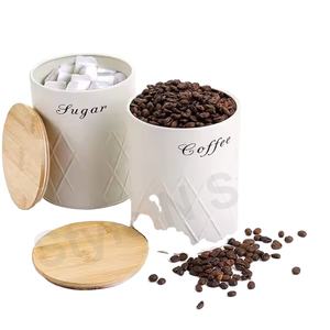 Ensemble de bidons en acier inoxydable imprimé coloré cuisine métal carré sucre thé et café boîte de rangement avec couvercle en bois - Product Image 1