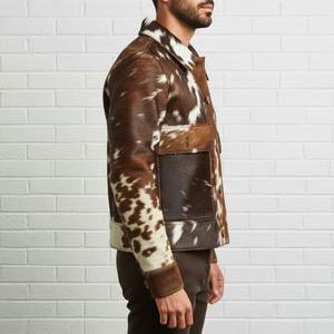 Chaqueta de Cuero Vacuno con Estampado Animal, Cuello Camisero, Manga Larga, Abrigo Casual Cálido para Invierno - Product Image 4