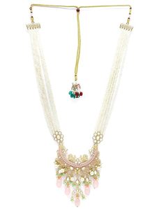 Indian Alloy Gold Plated Kundan Necklace Rani Haar Earring Set Artificial Pearls Crystal Flower Design Women's Trendy Wedding - Product Image 2