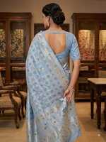 Koleksi Ashmitas AC-786 Saree Sutra Banarasi Biru Muda Murni Pakaian Tradisional Pernikahan India Bebas Kerut Cepat Kering