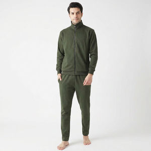 Ensemble de survêtement en molleton vert olive pour homme, fermeture éclair intégrale, poches latérales, coupe classique, vêtements décontractés d'automne, 100% coton, couleur unie - Product Image 1