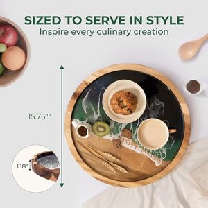 Tabla de cortar y servir de madera de mango con asa de fácil agarre – Tabla de cortar redonda de madera esmaltada con estampado de limón de 13x16 pulgadas. - Product Image 4