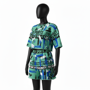 Ensemble Crop Top et Short pour Femmes en Polyester Spandex Extensible Lisse Vert Bleu Sublimation Intégrale Logo 100% Coton Crop Top & Short - Product Image 4