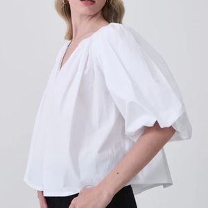 Chemisier en coton blanc vintage pour femme, tissé, brodé, à manches bouffantes oversize, sans col, décontracté, ODM - Product Image 1