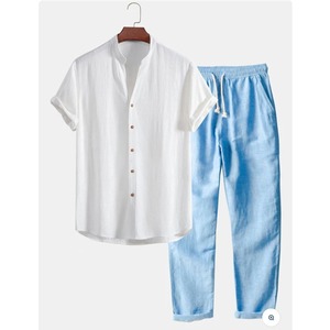 Conjunto de Uniforme Personalizado para Hombre, Camisa y Pantalón de Lino de Primera Calidad, Manga Corta, con Botones, Estilo Casual para Verano - Product Image 1
