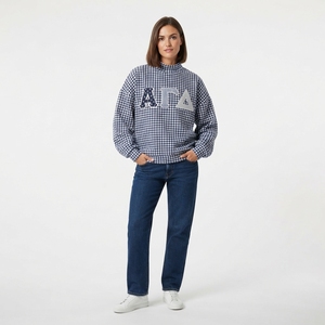 Sweat-shirt à col roulé à carreaux pour femme, logo brodé, coupe ample, style tissé en coton et fibre de bambou, automne - Product Image 1