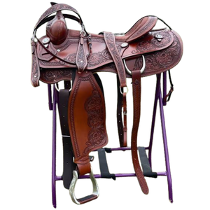 Silla de montar western de cuero floral hecha a mano con estribos, equipo ecuestre premium para vaqueros, ideal para ranchos, senderos y rodeos. - Product Image 2