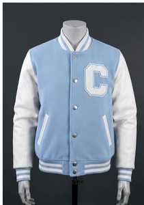 Veste universitaire bleu clair pour homme avec broderie de lettres blanches sur le devant, coupe classique - Product Image 1