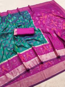Sari en soie Pathani doux à motifs floraux vert et rose avec pièce de blouse, collections de saris indiens traditionnels pour les mariages et les festivals - Product Image 6