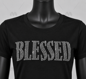 T-shirt décontracté à manches courtes pour femme, tricoté sur mesure, écologique, noir, orné de strass et de cristaux, imprimé graphique, style streetwear, OEM - Product Image 3