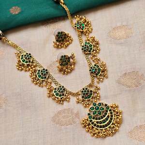 Halfmoon Green Kempu Gold-Plated Steel Designer Bridal Earring Set with Zircon - Product Image 2
