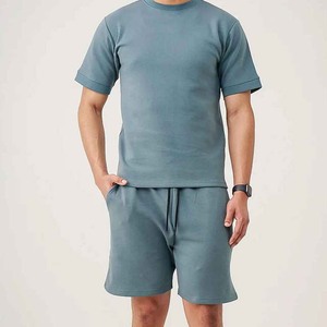 Ensemble de t-shirts en coton tricoté pour homme, couleur unie, col rond, respirant, décontracté, manches courtes, deux pièces - Product Image 3