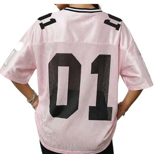<b>Light</b> Pink V-Neck American Football Jersey Contrast Trim Mesh Fabric Breathable Sportswear Women's Streetwear Fashion Shirts - Product Image 2