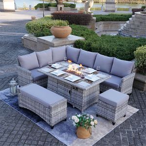 Ensemble de meubles de patio d'extérieur en osier gris 5 pièces, canapé de conversation avec table foyer et ottoman - Product Image 1