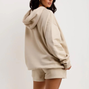 Ensemble de survêtement à capuche pour femme, couleur unie, coupe décontractée, manches longues, en coton, avec short, pour le printemps - Product Image 1