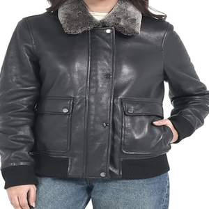 Chaqueta Bomber de Cuero Genuino para Mujer con Ribete de Piel, Abrigo de Invierno Cortavientos, Manga Larga, Color Sólido, Material Grueso - Product Image 1