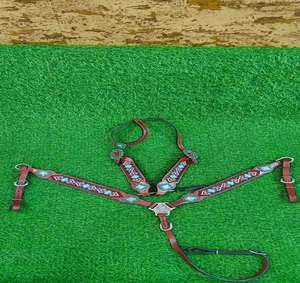 Collarín de pecho de cuero para caballo de equitación western, arnés con cuentas geométricas y conchos, correa ajustable, conjunto de halter. - Product Image 2