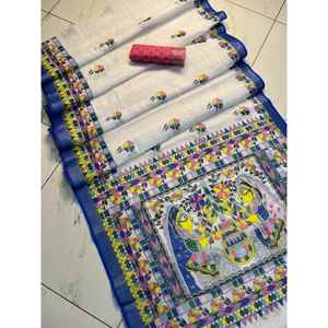 Sari en lin fantaisie avec tissage en soie et travail de zari, avec blouse non cousue, bleu - Product Image 1