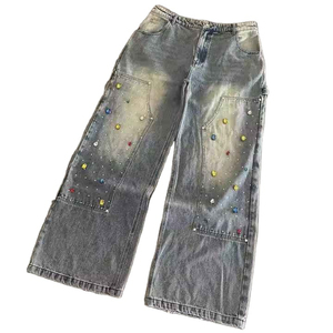 High Quality Fashion Streetwear Women Breathable Polyester <b>Winter</b> Washed Pearls Wide Leg Flare Pants Multi Pocket High <b>Jeans</b> - Product Image 2