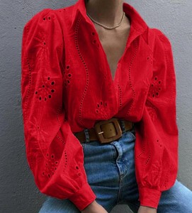 Chemise décontractée d'été en tricot à manches longues pour femme avec broderie, style vintage français, nouveau design pour femme - Product Image 6