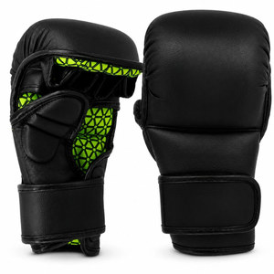 <b>Black</b> Leather Boxing Gloves With Green Mesh Ventilation Velcro Closure For Adults Martial Arts Training - Product Image 1