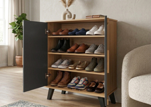 Malaysia Modern 2-Door 4-Tier Knock-Down/DIY Shoe <b>Cabinet</b> SC229ZV Oak Dark <b>Grey</b> for Living Room Entry Apartment Use (12-13 Pair) - Product Image 2