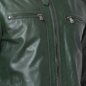 Chaqueta de Motociclista de Cuero Vacuno Verde para Hombre, Cuello Camisero, Cierre de Cremallera, Manga Regular, Estilo Biker Otoñal, Color Sólido, Corte Ajustado - Product Image 5